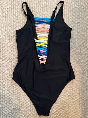 Popvil Black One-Piece Swimsuit with Multicolor Lace-Up Straps
